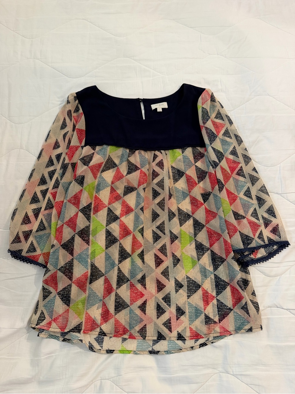 Umgee Multicolor Geometric Sheer Tunic with Navy Yoke